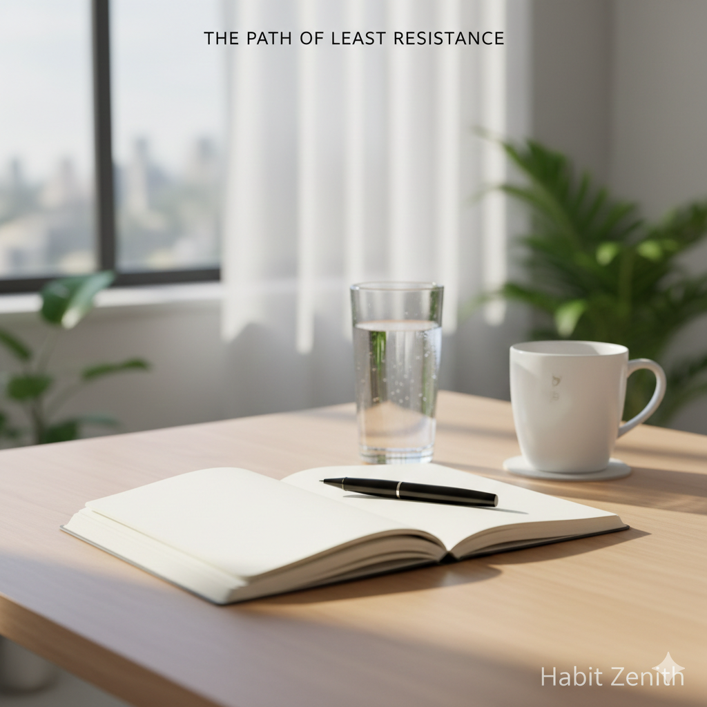 A minimalist desk setup with a notebook, pen, and glass of water in sunlight, illustrating environment design for habit consistency.