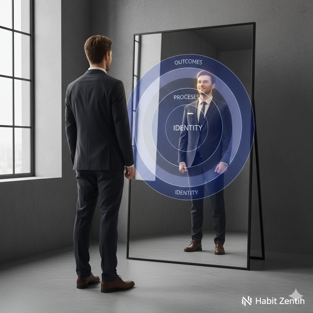 Identity-Based Habits: The Definitive Guide to Lasting Transformation A person looking into a mirror seeing an upgraded, confident version of themselves, symbolizing identity-based habit change.