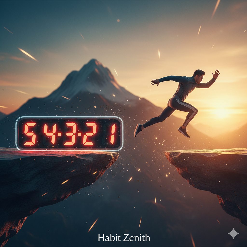 "A person starting a sprint on a futuristic track with a glowing 5-4-3-2-1 countdown, symbolizing immediate action and productivity."