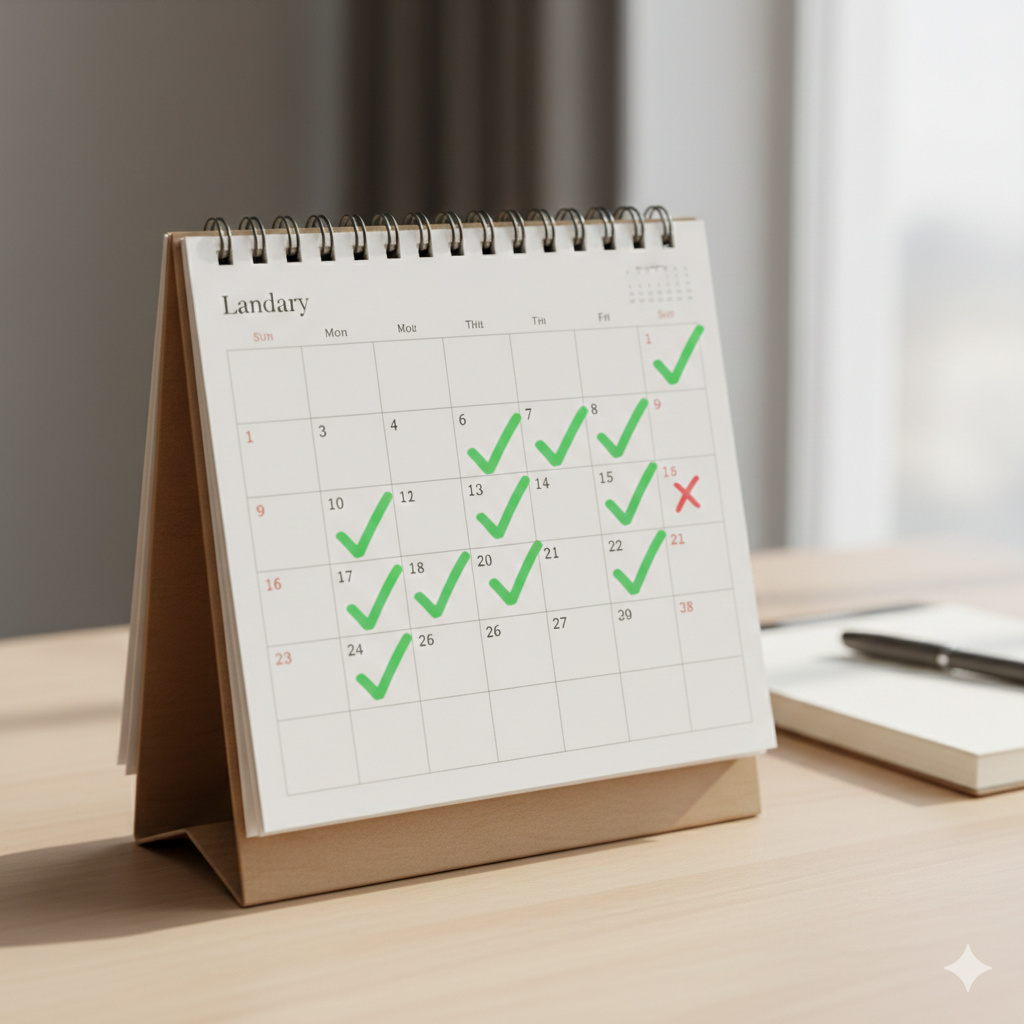 A habit tracker calendar showing a single missed day followed by immediate recovery to visualize the never miss twice rule.