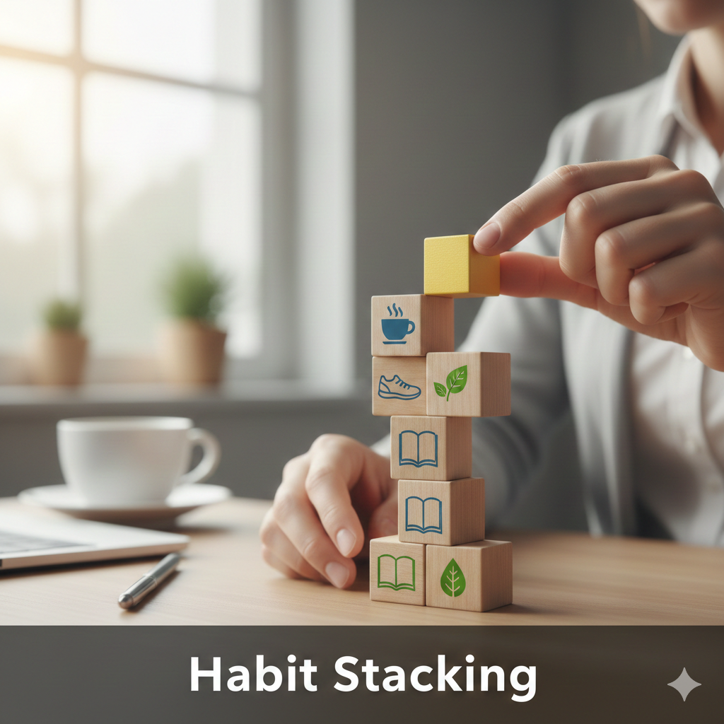 A person stacking wooden blocks with habit icons representing a daily routine system