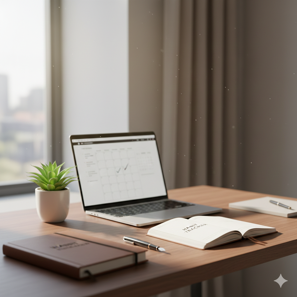 A minimalist and organized wooden desk with a laptop, a plant, and an open habit tracker journal, bathed in soft morning sunlight, symbolizing a designed environment for focus.