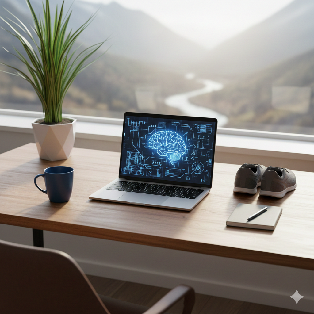 Minimalist workspace with a laptop showing a brain graphic, representing environment design for habits.