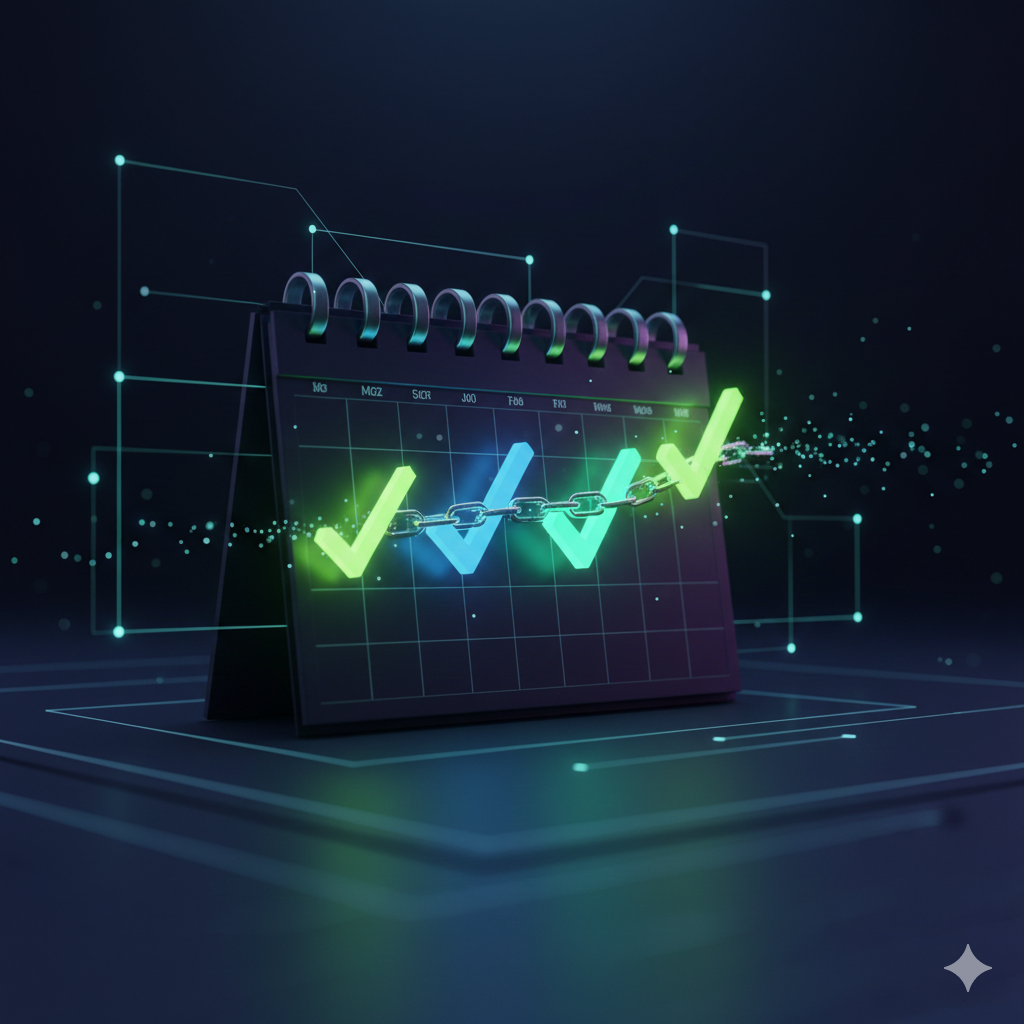A futuristic 3D calendar with glowing green checkmarks connected by a metallic chain, symbolizing the 'Don't Break the Chain' habit tracking system.